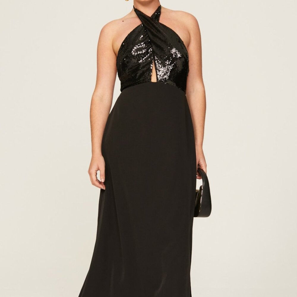 Halston Heritage Black One-Shoulder Sequin Bodice Evening Gown